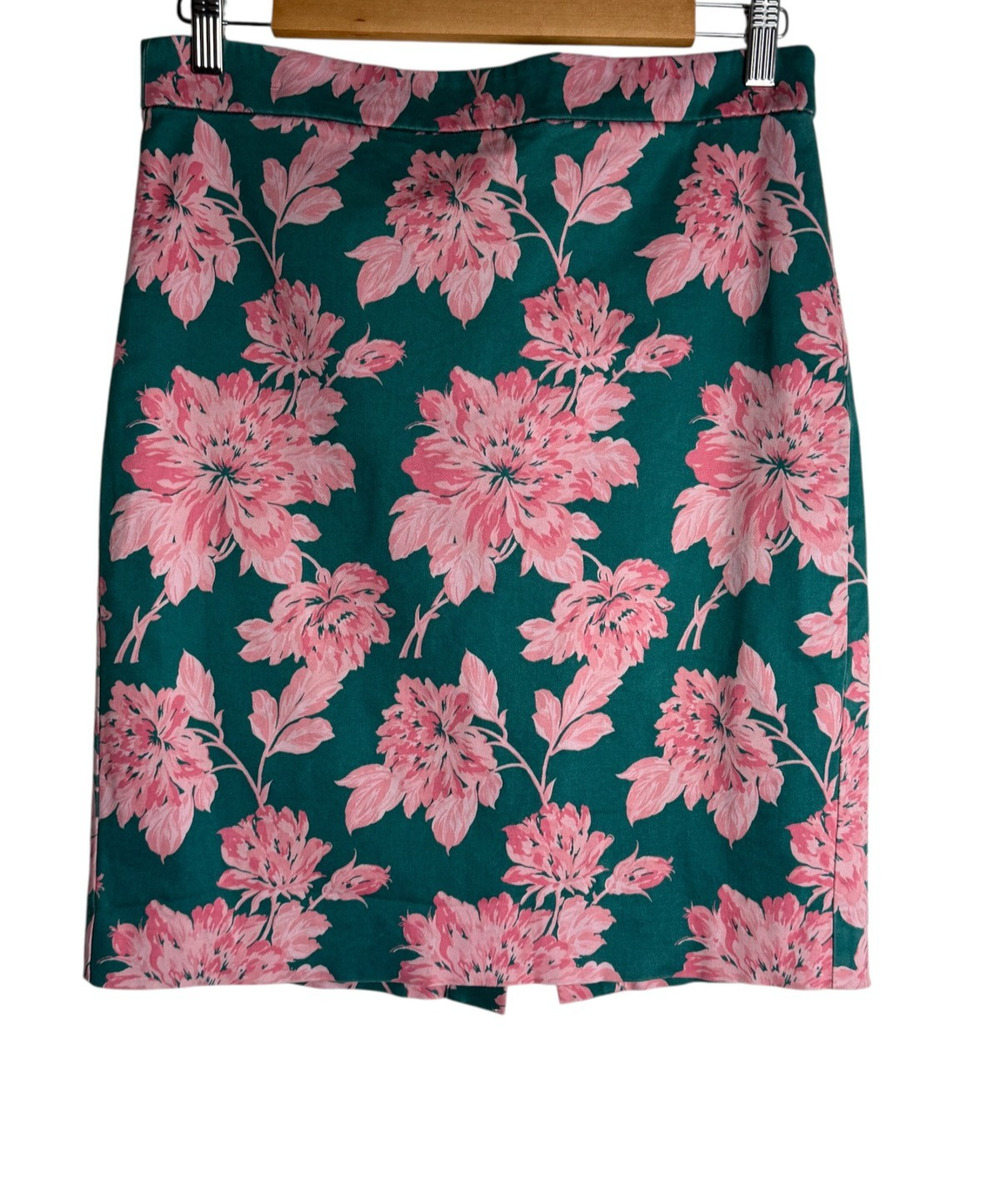 J.Crew Mercantile Green Pink Floral Pencil Skirt Size 4 Lined Stretch Cotton